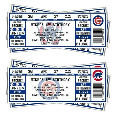 Chicago Cubs Photo Children&#39;s MLB Baseball Birthday Invitation Ticket Style