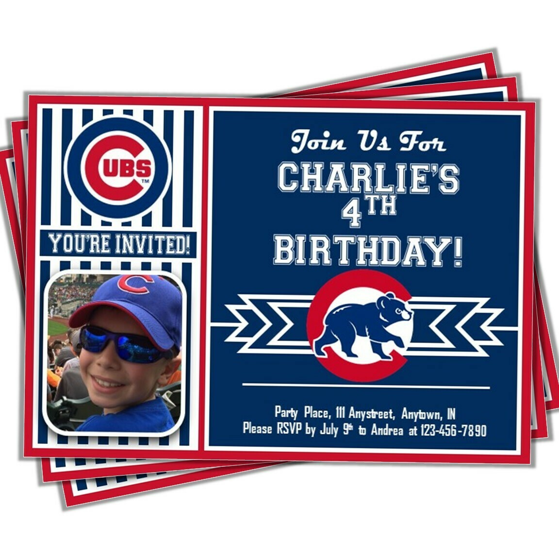 Chicago Cubs Photo MLB Baseball Birthday Invitation 5&quot;x7&quot;