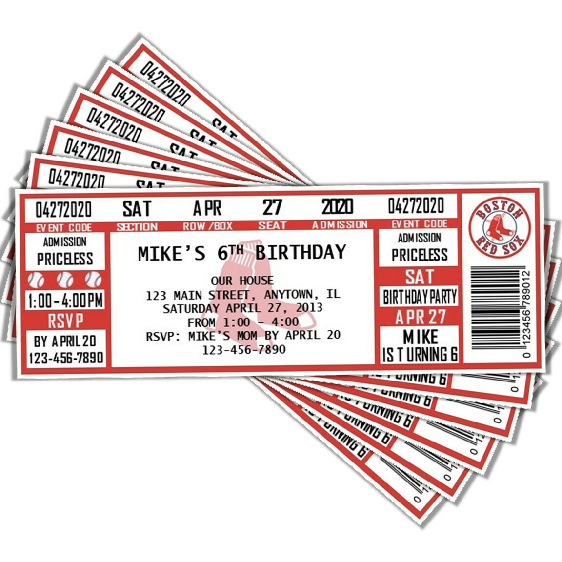 Boston Red Sox Fenway Photo MLB Baseball Birthday Invitation Ticket Style