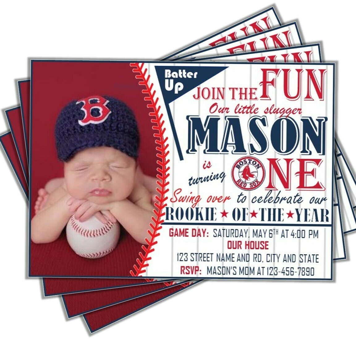 Boston Red Sox Photo MLB Baseball Birthday Invitation 5&quot;x7&quot;