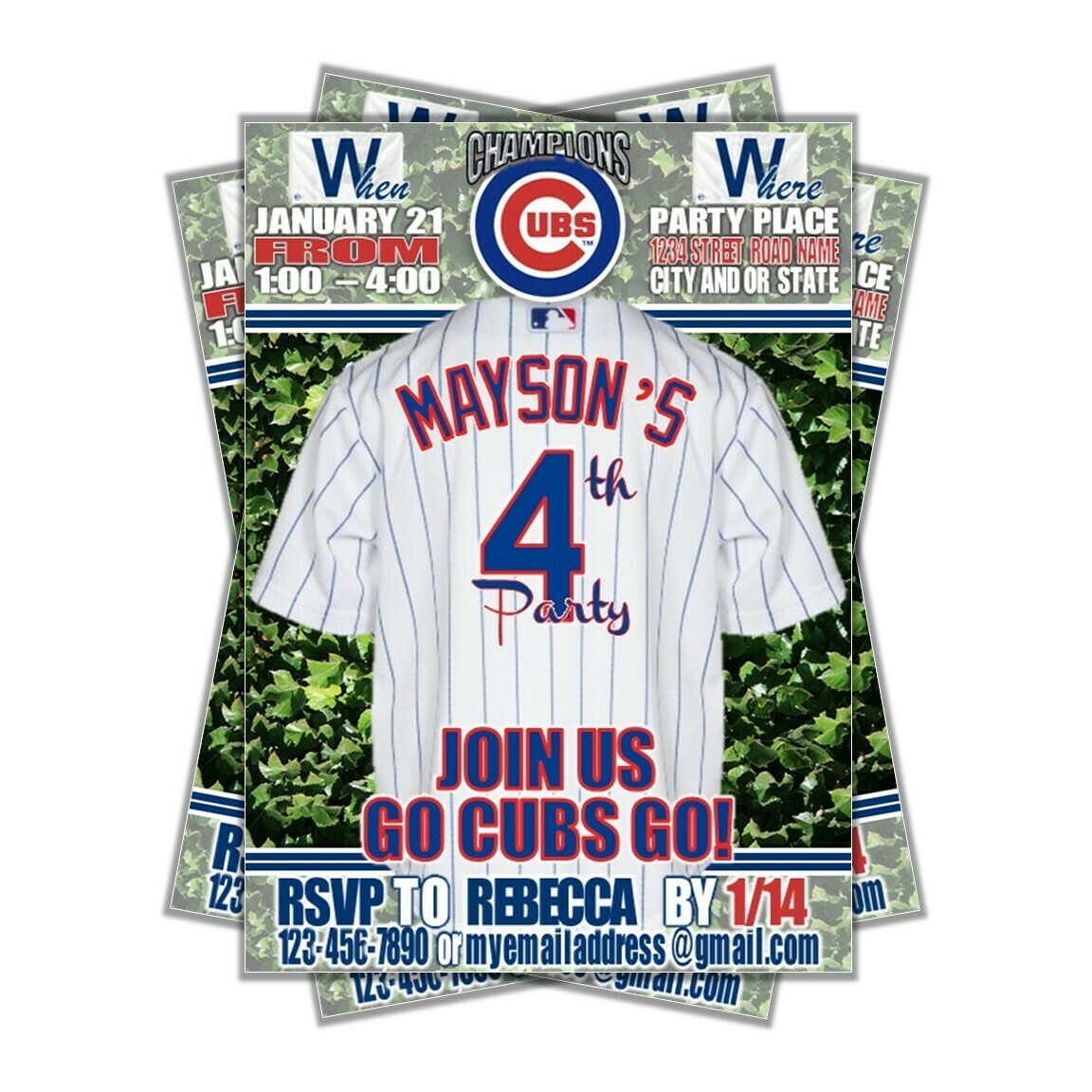 Chicago Cubs Photo MLB Baseball Birthday Invitation 5&quot;x7&quot;