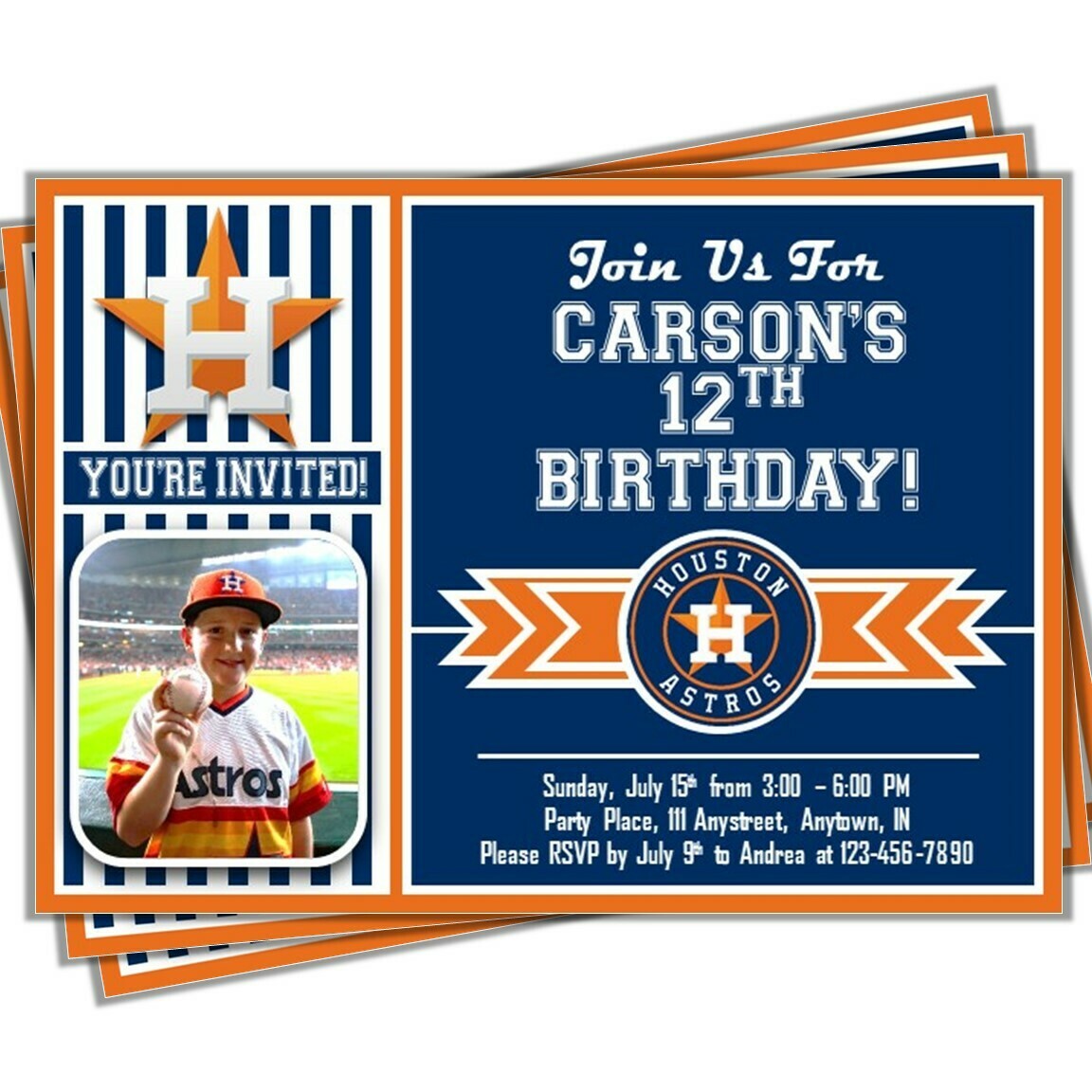 Houston Astros Photo MLB Baseball Birthday Invitation 5&quot;x7&quot;