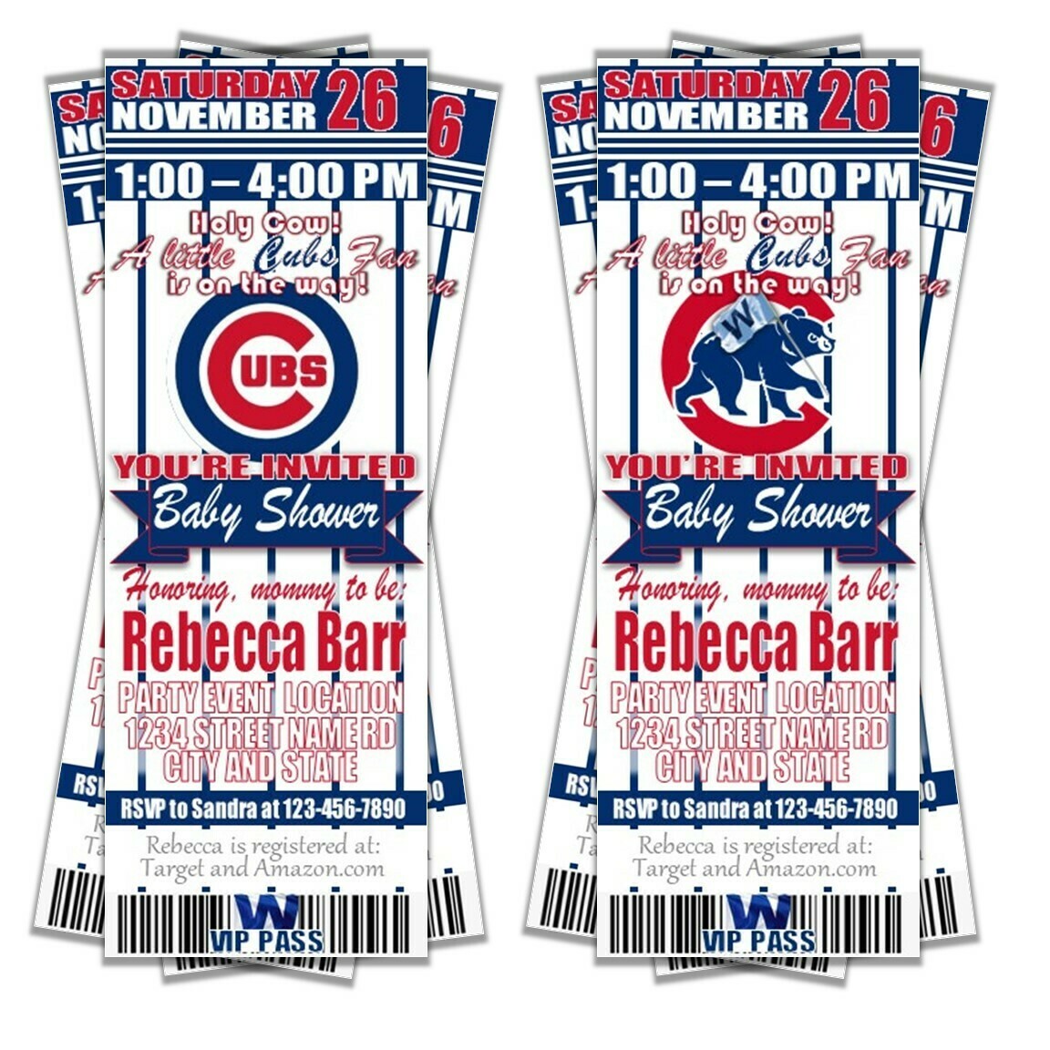 Chicago Cubs Baseball Baby Shower Invitation Ticket Style