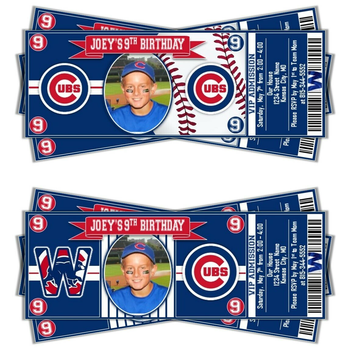 Chicago Cubs Photo Children&#39;s MLB Baseball Birthday Invitation Ticket Style