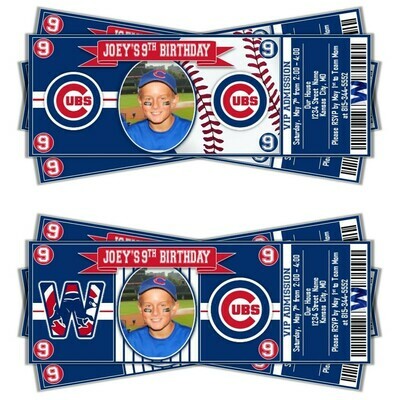 Chicago Cubs Photo Children&#39;s MLB Baseball Birthday Invitation Ticket Style