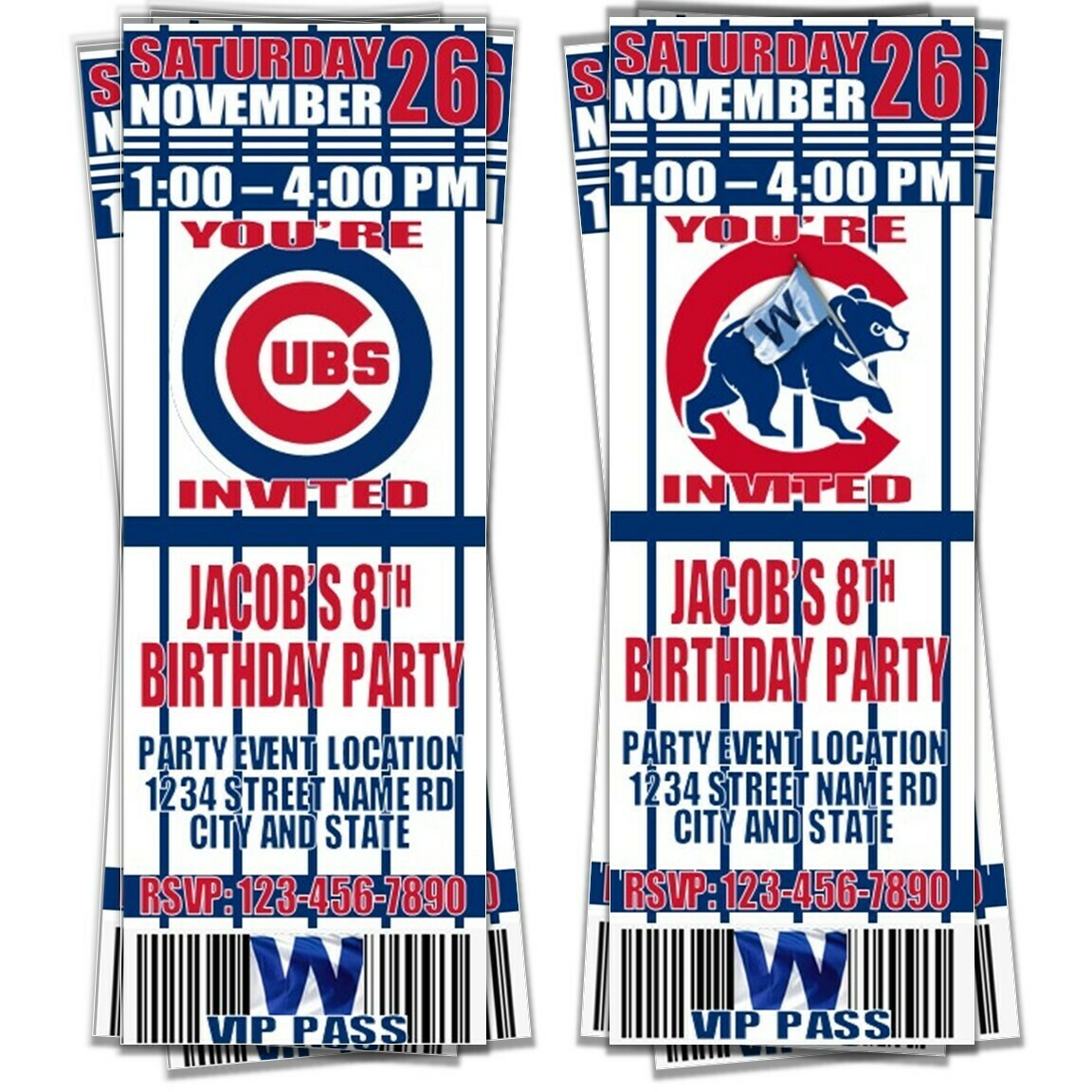 Chicago Cubs Pinstripes Classic MLB Baseball Birthday Invitation Ticket Style