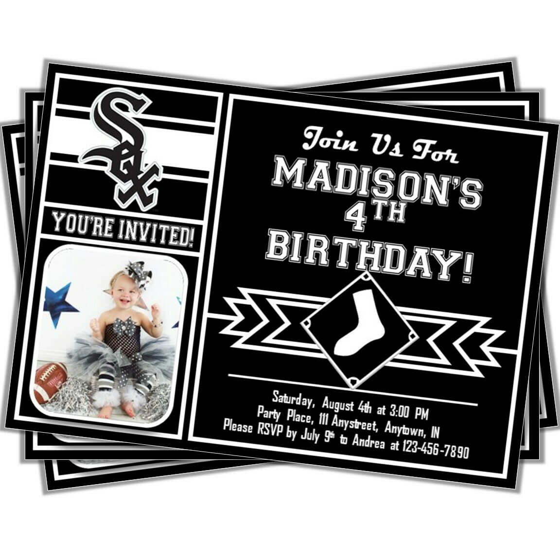 Chicago White Sox Photo MLB Baseball Birthday Invitation 5&quot;x7&quot;
