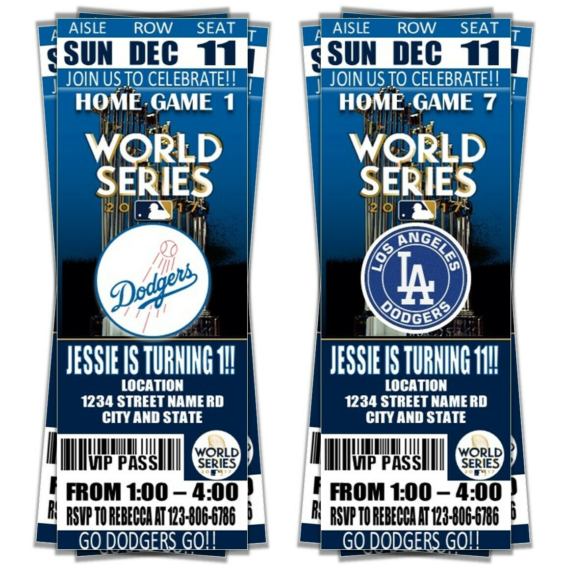 Los Angeles LA Dodgers 2017 World Series Birthday Invitation Ticket Style