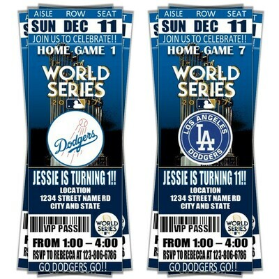 Los Angeles LA Dodgers 2017 World Series Birthday Invitation Ticket Style
