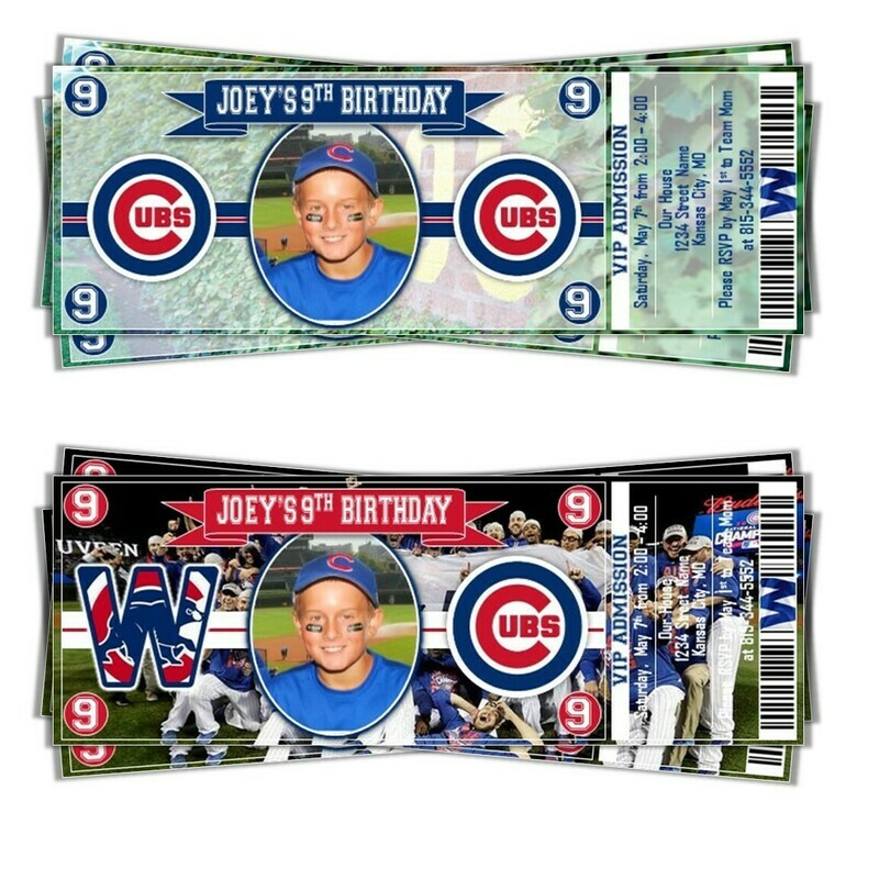 Chicago Cubs Photo Children&#39;s MLB Baseball Birthday Invitation Ticket Style