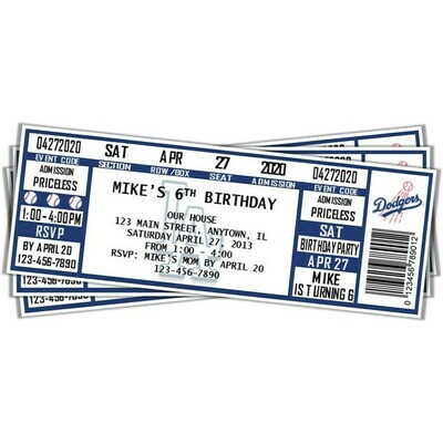Los Angeles Dodgers LAD Photo MLB Baseball Birthday Invitation Ticket Style
