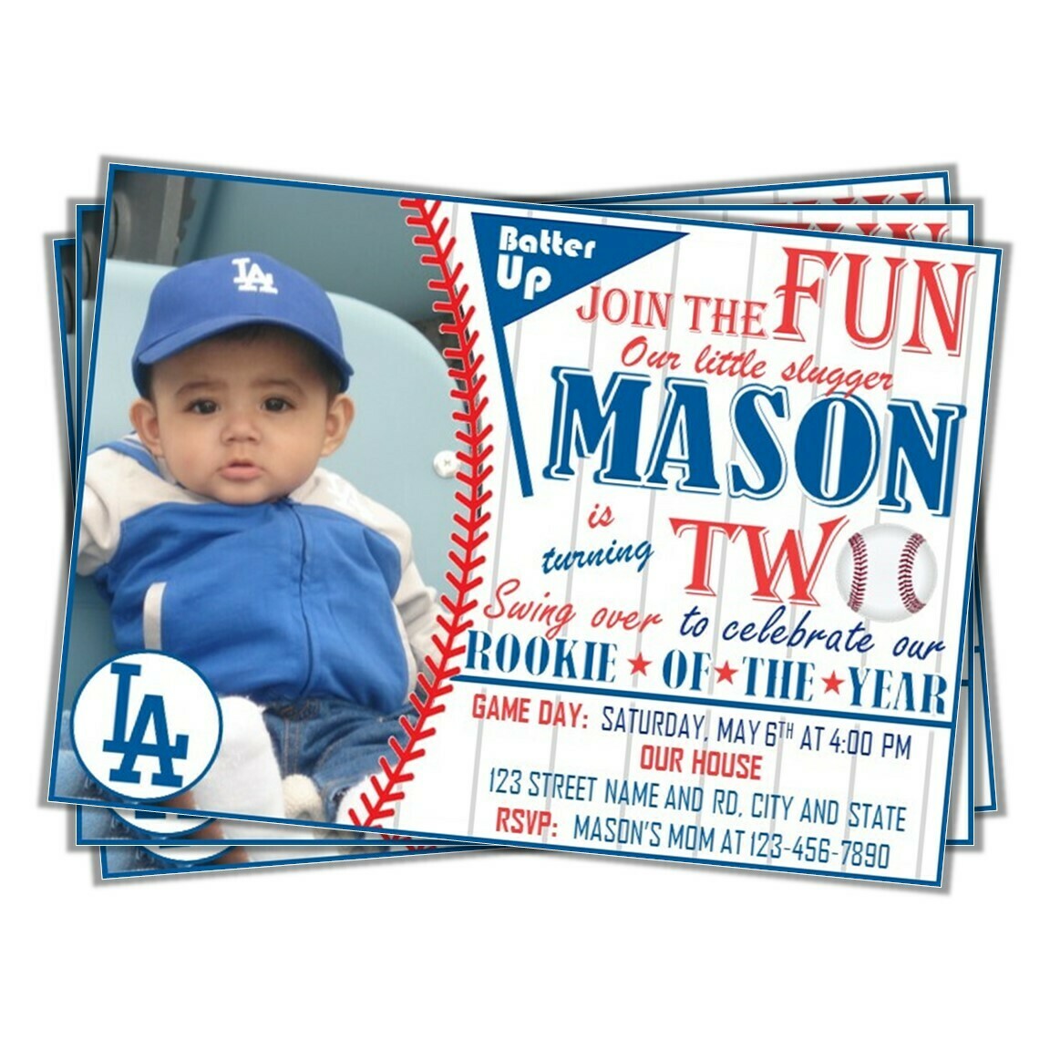 Los Angeles LA Dodgers Photo MLB Baseball Birthday Invitation 5&quot;x7&quot;