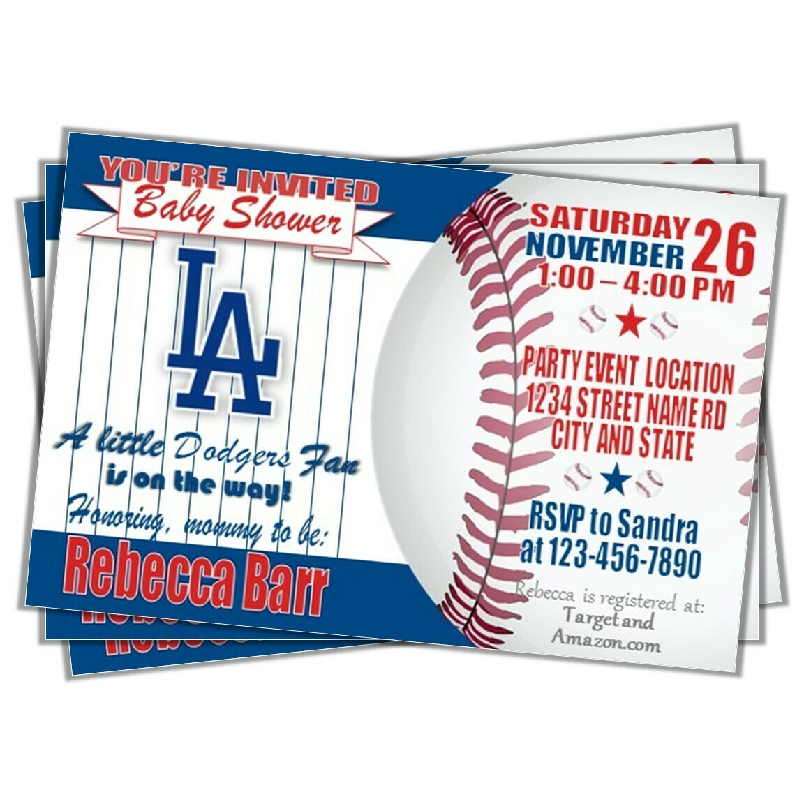 LA Dodgers Baby Shower baseball 4x6 invitation