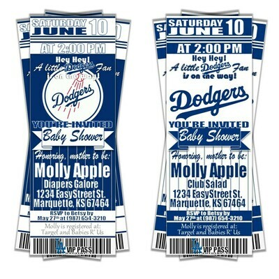Los Angeles Dodgers LAD Baseball Baby Shower Invitation Ticket Style