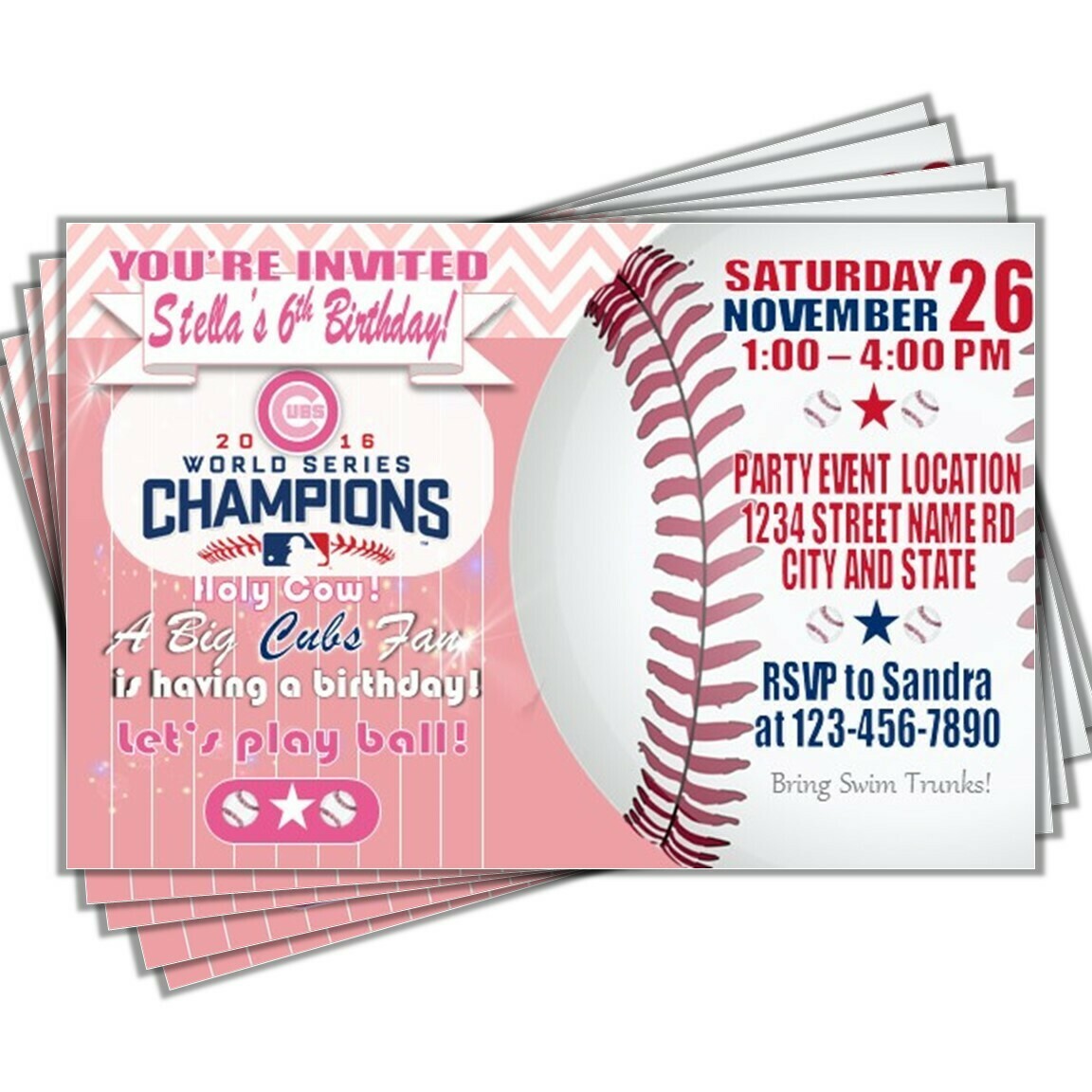 Chicago Cubs PINK Baseball Birthday Invitation 4&quot;x6&quot; MLB