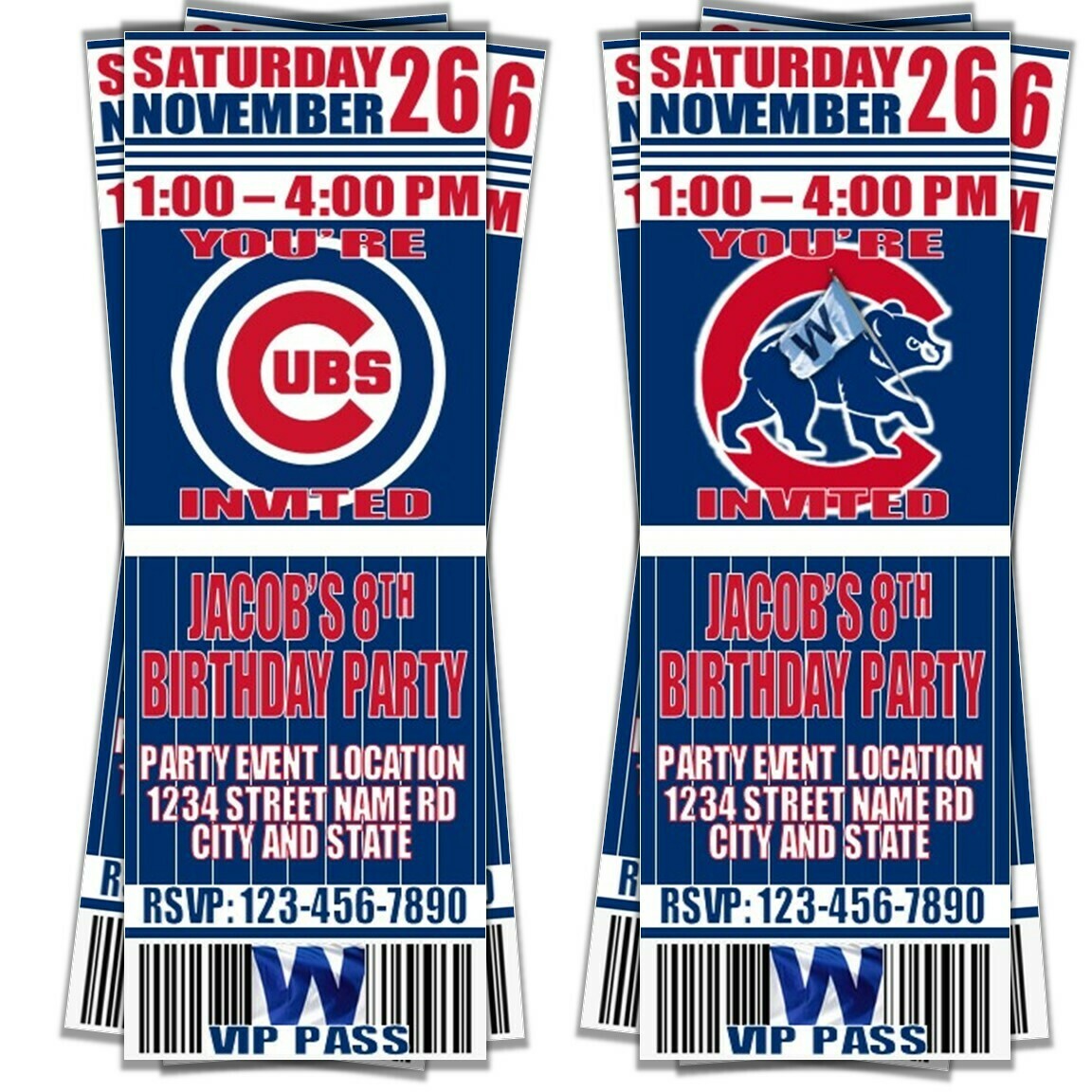 Chicago Cubs Pinstripes Classic MLB Baseball Birthday Invitation Ticket Style