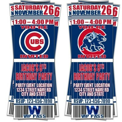 Chicago Cubs Pinstripes Classic MLB Baseball Birthday Invitation Ticket Style