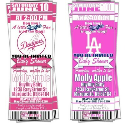Los Angeles Dodgers LA PINK Baseball Baby Shower Invitation Ticket Style