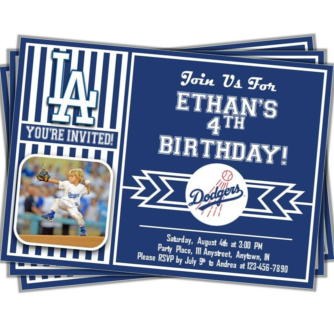 Los Angeles LA Dodgers Photo MLB Baseball Birthday Invitation 5&quot;x7&quot;