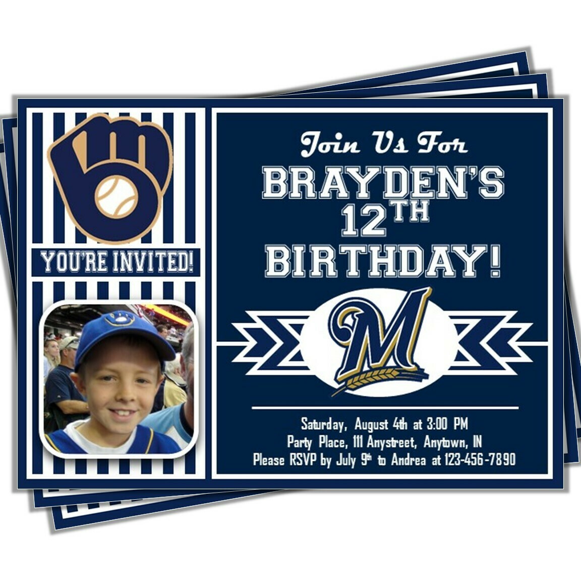 Milwaukee Brewers MLB Baseball Birthday Invitation 5x7 with Photo