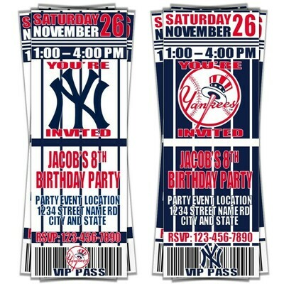 New York Yankees Pinstripes Classic MLB Baseball Birthday Invitation Ticket Style