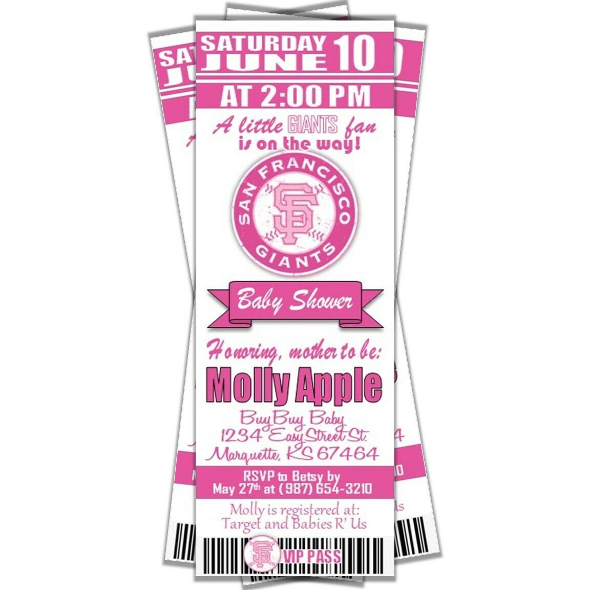 San Francisco SF Giants PINK Baby Shower MLB Baseball Ticket Invitation invite