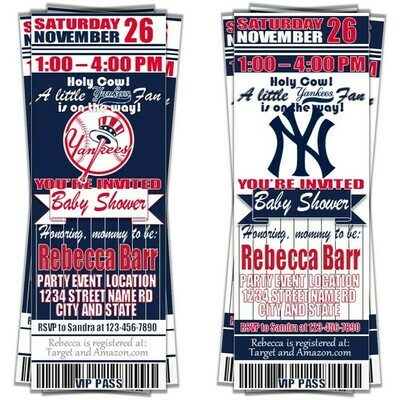 New York Yankees Baseball Baby Shower Invitation Ticket Style