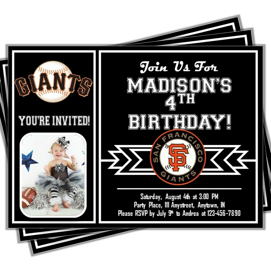 San Francisco SF Giants Photo MLB Baseball Birthday Invitation 5&quot;x7&quot;