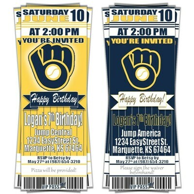 Milwaukee Brewers MLB Baseball Birthday Invitation Ticket Style