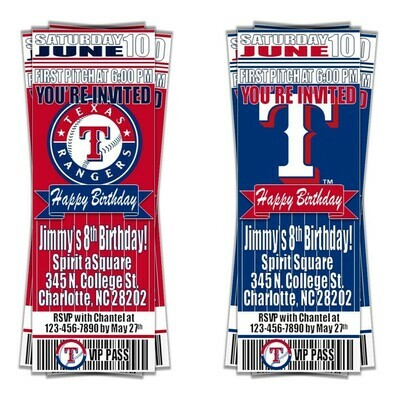 Texas Rangers MLB Baseball Birthday Invitation Ticket Style