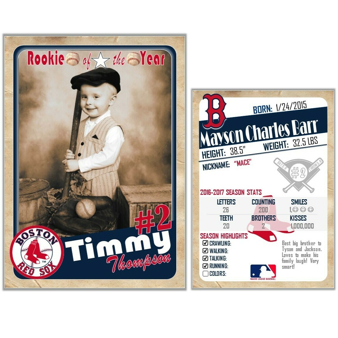Boston Red Sox and Atlanta Braves Custom Order Vintage Trading Cards Invitations inserts