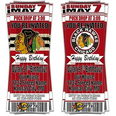 Chicago Blackhawks NHL Hockey Birthday Invitation Ticket Style