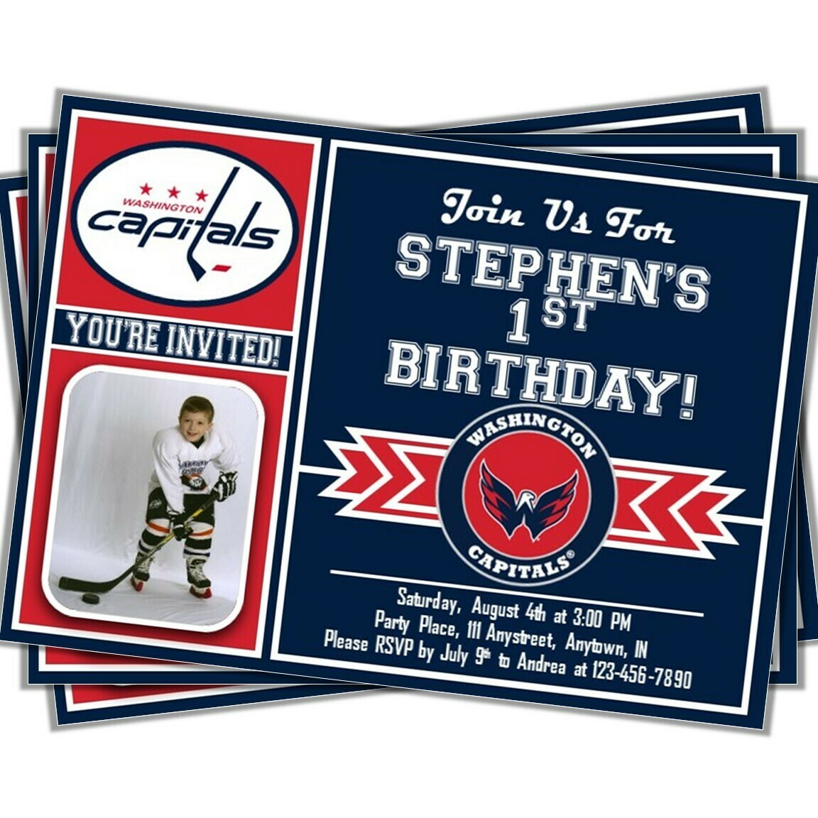 Washington Capitals NHL Hockey Birthday Invitation 5&quot;x7&quot; with photo