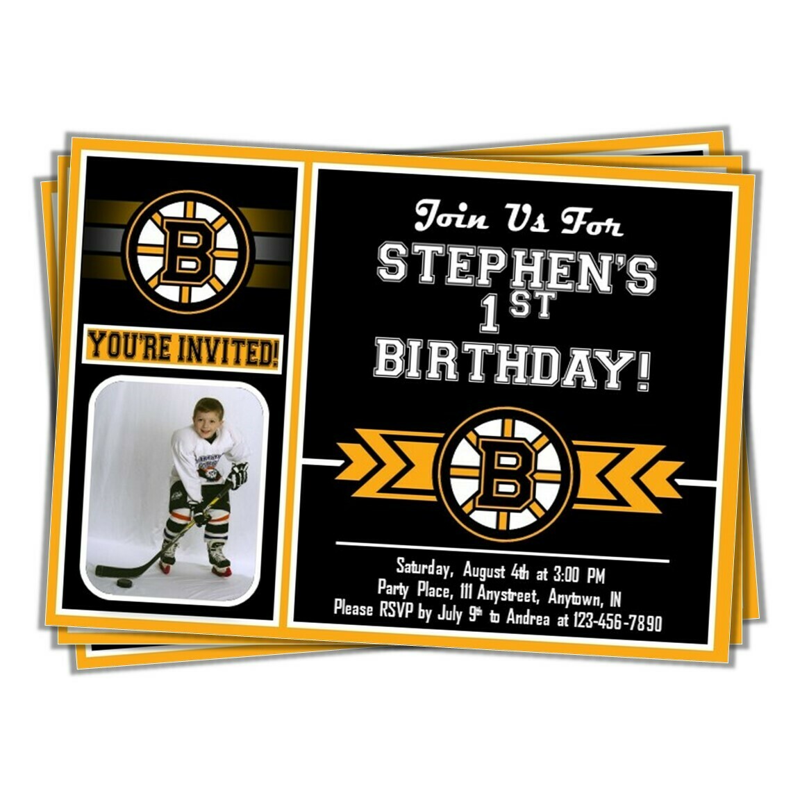 Boston Bruins NHL Hockey Birthday Invitation 5&quot;x7&quot; with photo