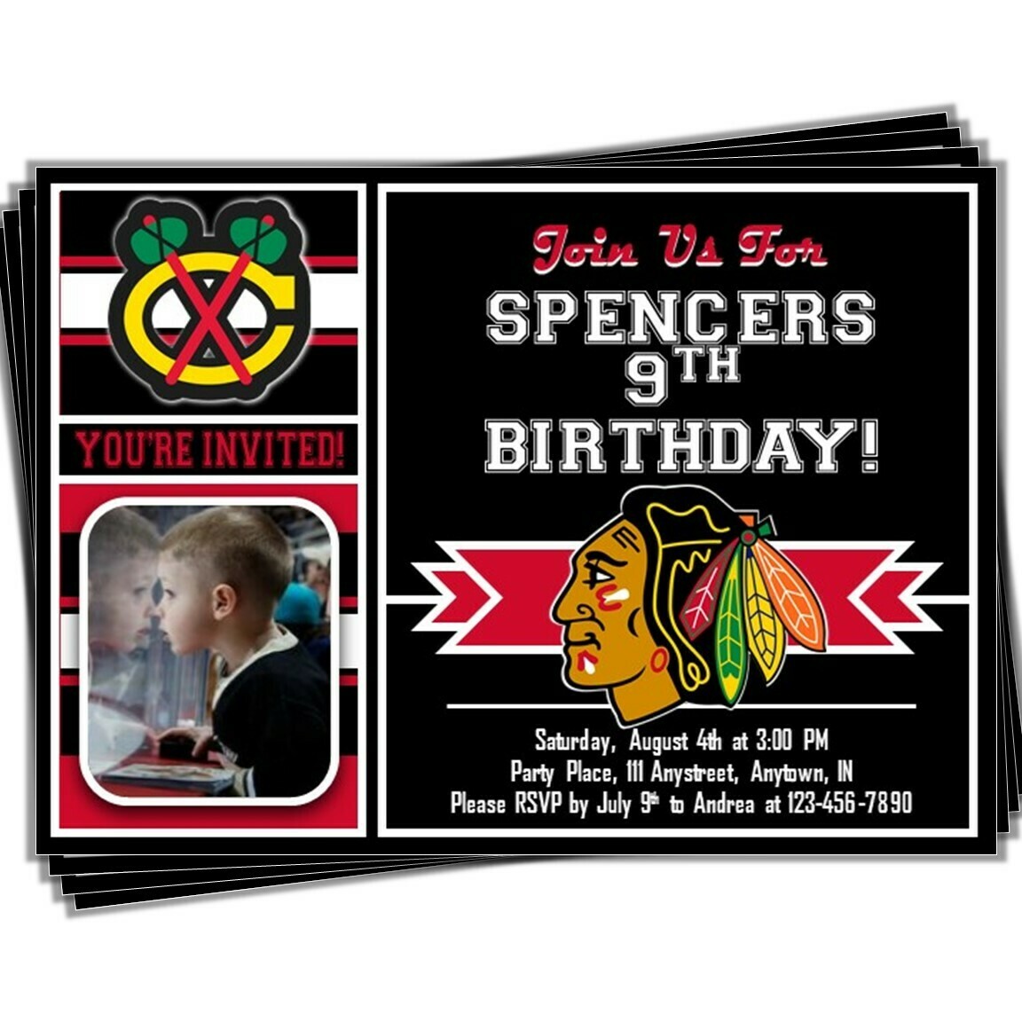 Chicago Blackhawks NHL Hockey Birthday Invitation 5&quot;x7&quot; with photo