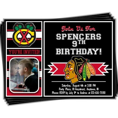 Chicago Blackhawks NHL Hockey Birthday Invitation 5&quot;x7&quot; with photo