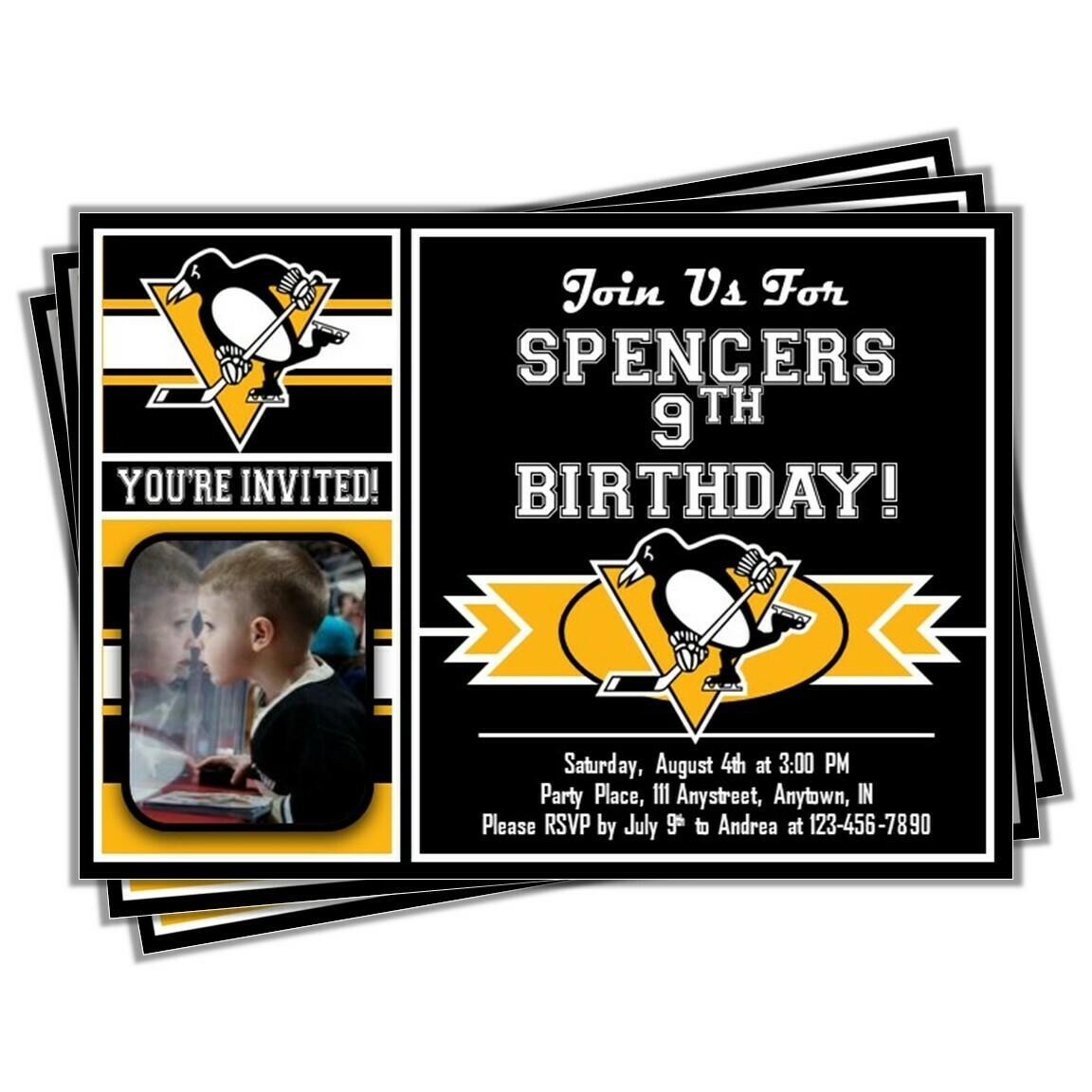 Pittsburgh Penguins NHL Hockey Birthday Invitation 5&quot;x7&quot; with photo