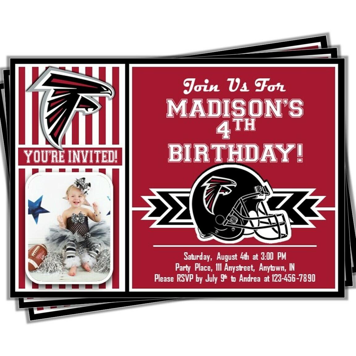 Atlanta Falcons Photo NFL Football Birthday Invitation 5&quot;x7&quot;