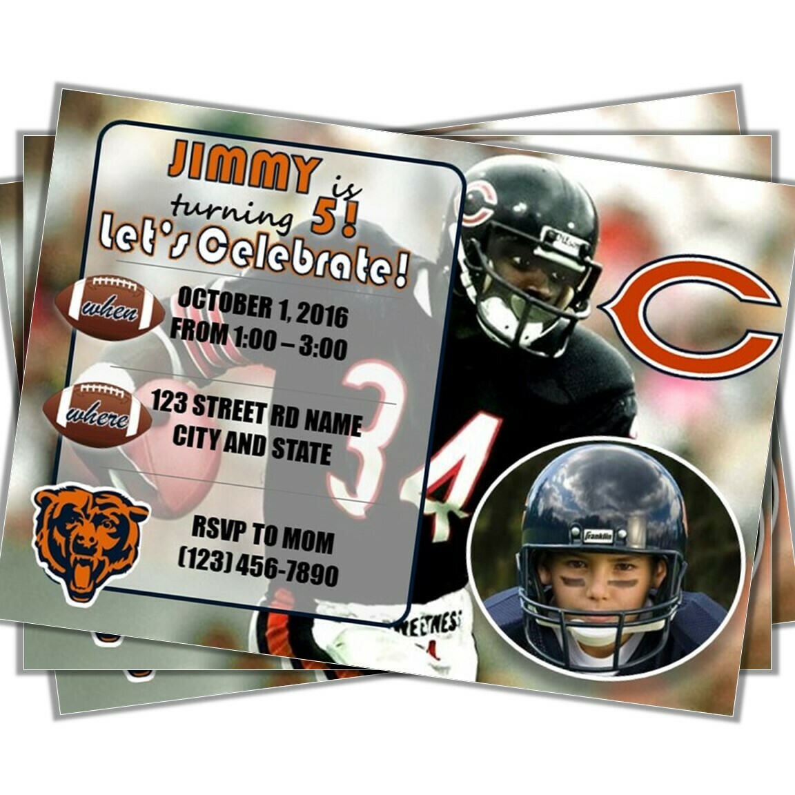 Chicago Bears Walter Payton Sweetness #34 NFL football Birthday Invitation 5x7 with your pic