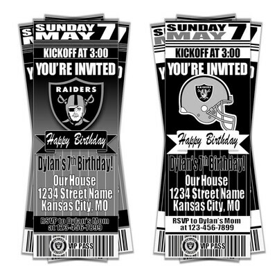 Oakland Raiders NFL Football Birthday Invitation Ticket Style