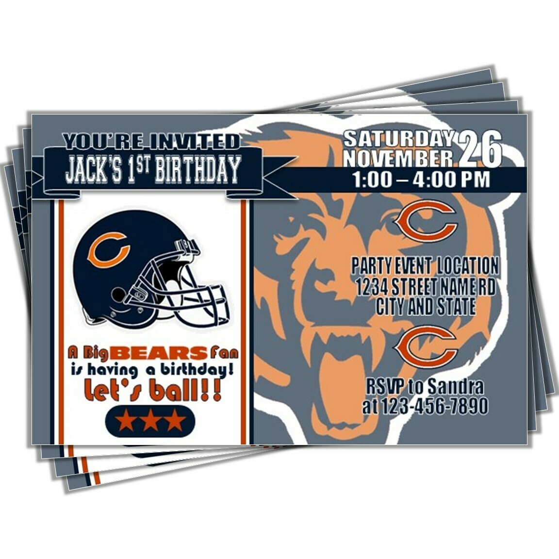 Chicago Bears NFL Football Birthday Invitation 4&quot;x6&quot;