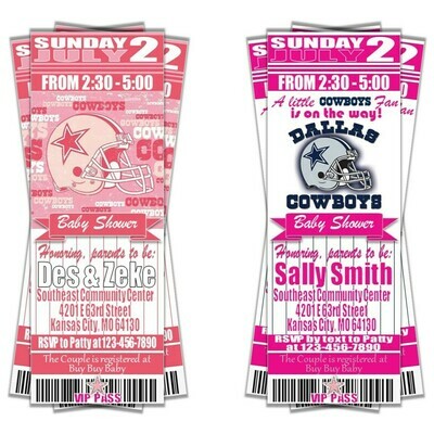 Dallas Cowboys NFL Football Baby Shower Invitation PINK Ticket Style