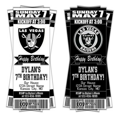 Las Vegas Raiders NFL Football Birthday Invitation Ticket Style Oakland