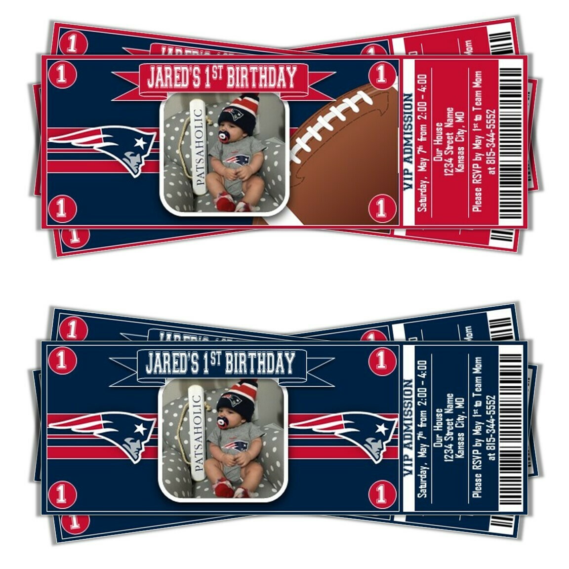 New England Patriots NFL Football Birthday Invitation Ticket Style