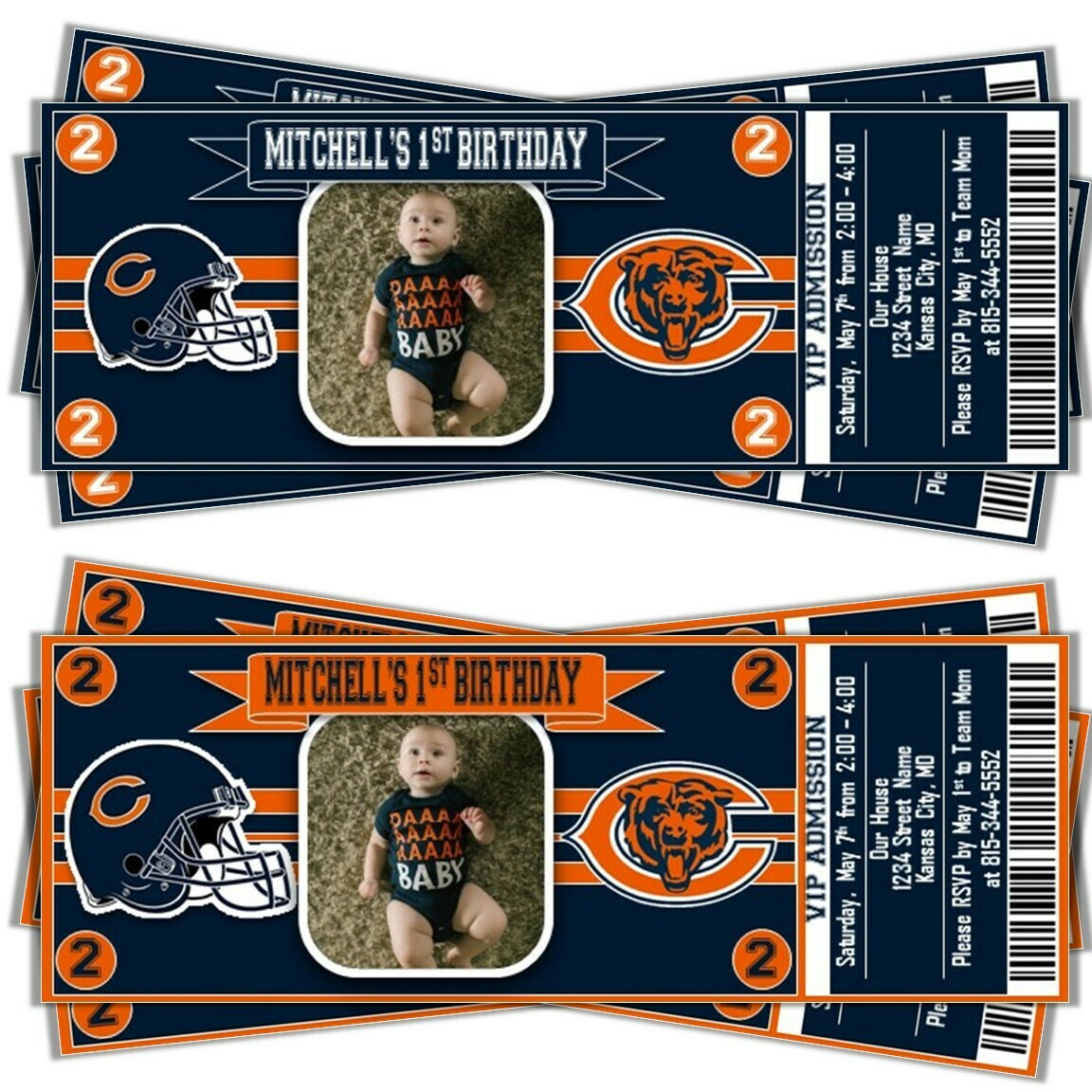 Chicago Bears NFL Football Birthday Invitation Ticket Style
