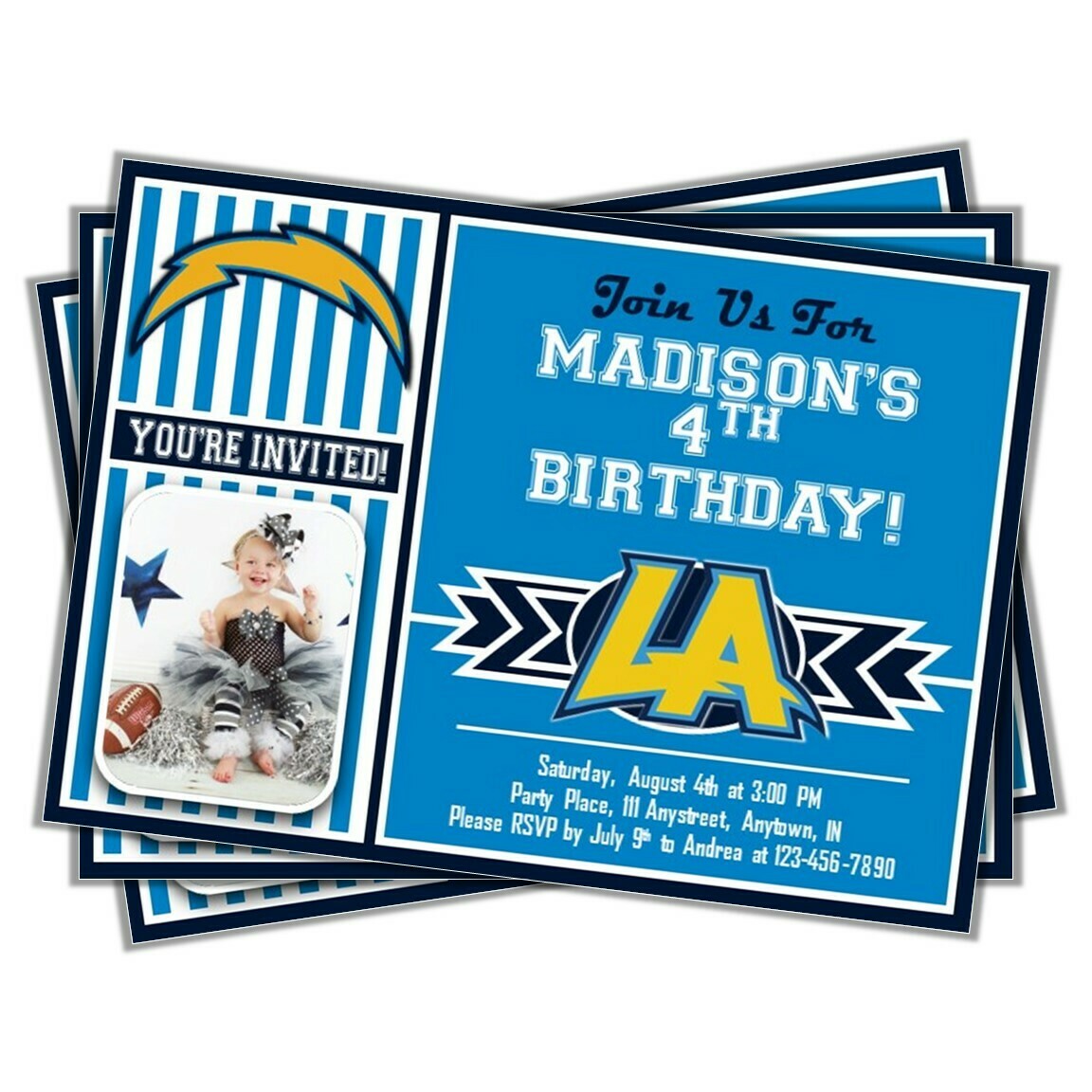 Los Angeles Chargers Photo NFL Football Birthday Invitation 5&quot;x7&quot;