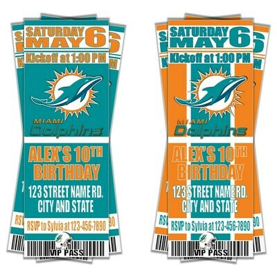 Miami Dolphins Themed NFL Football Birthday Invitation Ticket Style