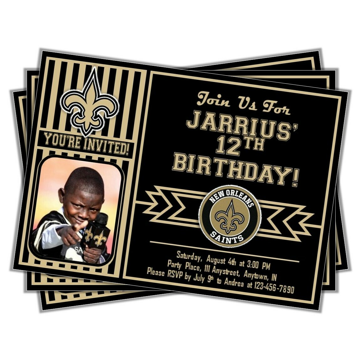 New Orleans Saints NOLA NFL Football Birthday Invitation 5x7 with pic