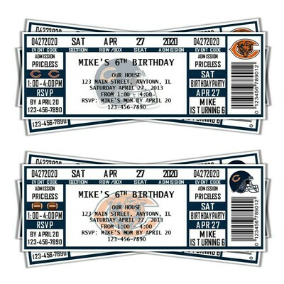 Chicago Bears NFL Football Birthday Invitation Ticket Style