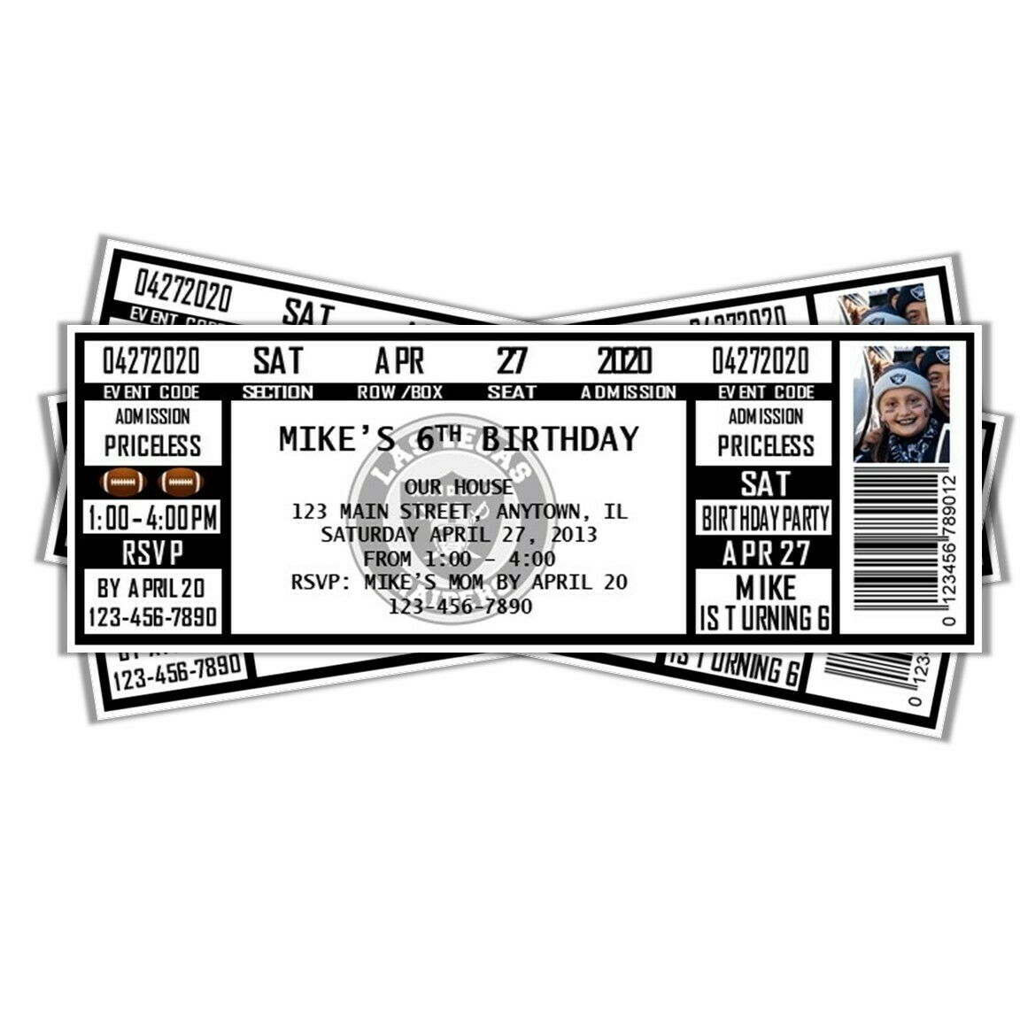 Las Vegas Raiders Vintage NFL Football Birthday Invitation Ticket Style  OAKLAND